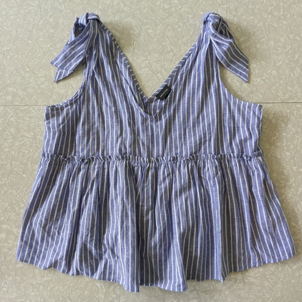 Who What Wear XXL 2XL Linen Cotton Sleeveless Blouse Blue‎ White Vertical Stripe